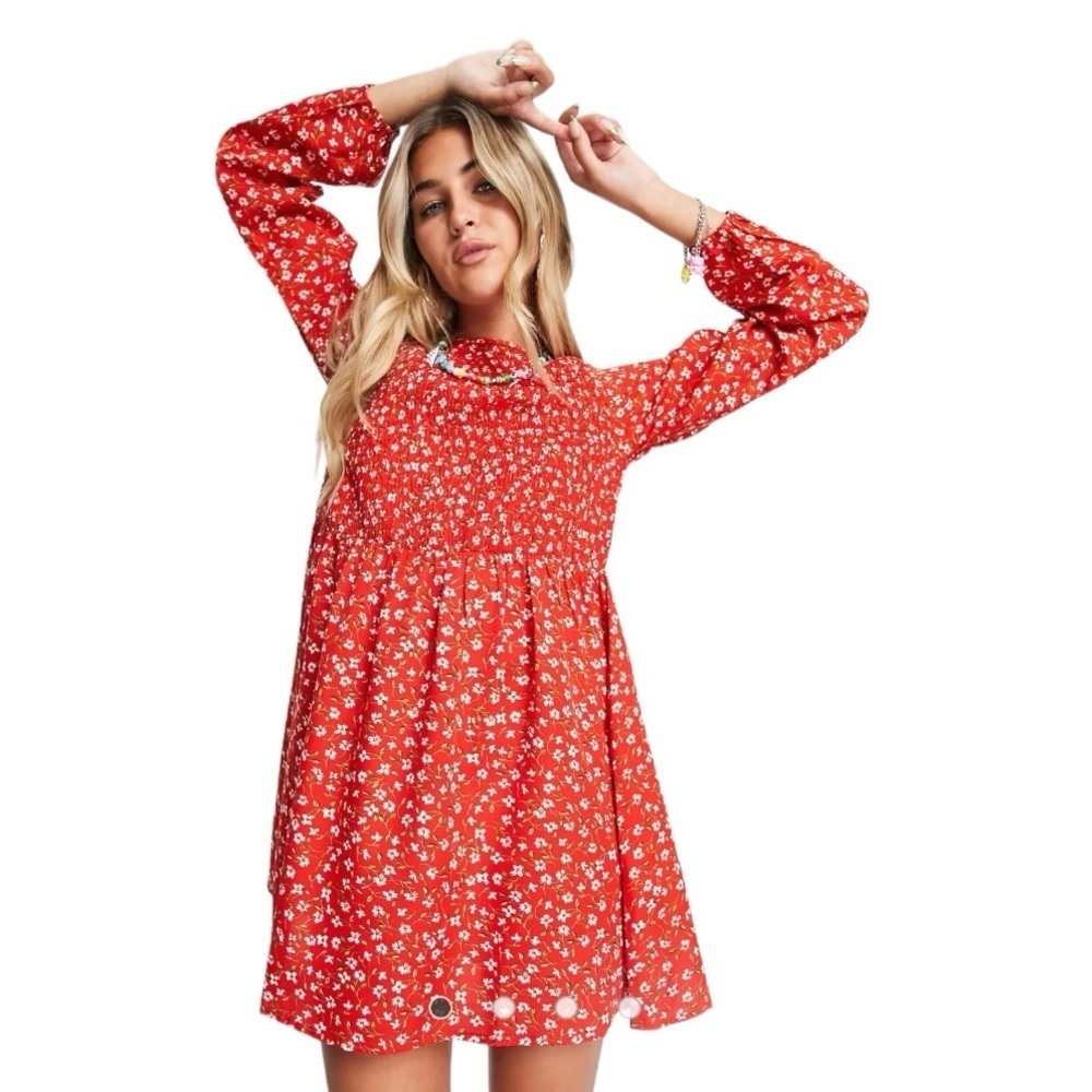 NWT ASOS Daisy Street Shirred Smock Mini Dress Red Ditzy Small